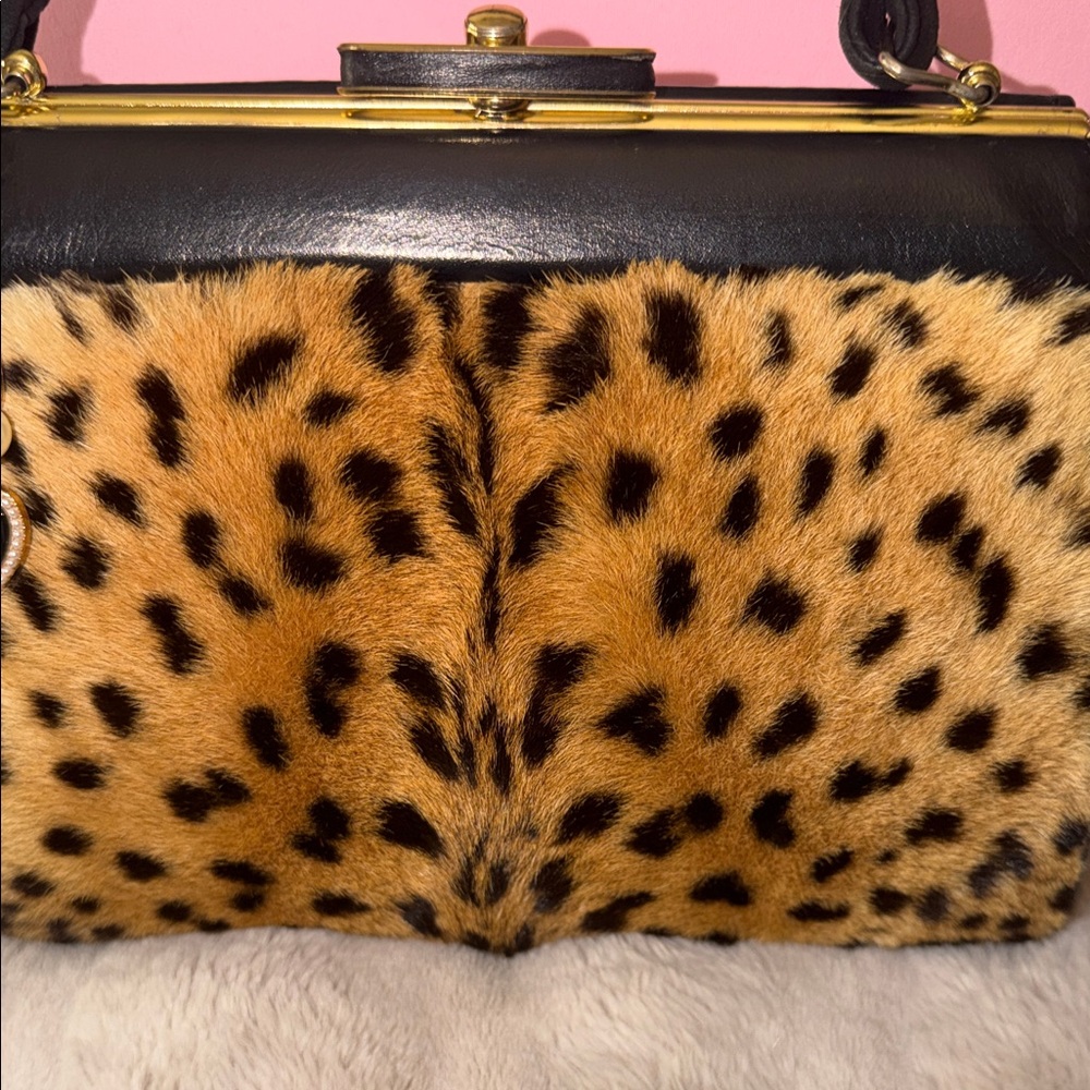 Vintage Black and Leopard-Print Faux Fur Top-Handle Satchel - Picture 3 of 10